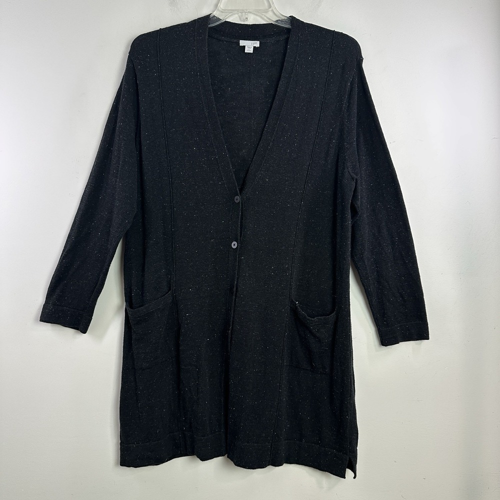 J Jill Cardigan Women XL Black Tweed Linen Blend Long Line Button Front Pockets